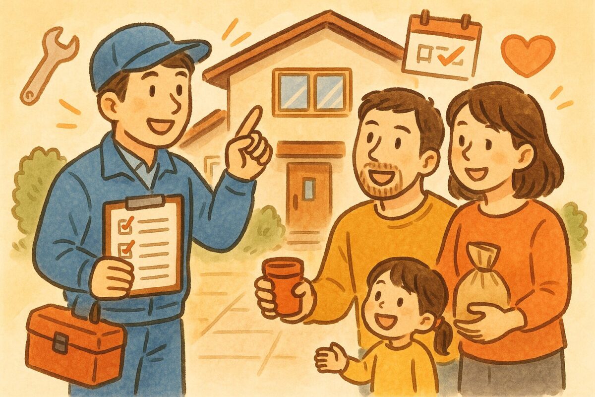 ハウスメーカー点検担当者が家族の前でチェックリストを説明している様子
