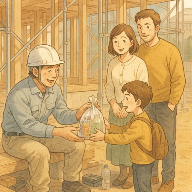 建築現場の見学にいった家族3人のうち、子供が、休憩中の大工さんに差し入れを渡している様子