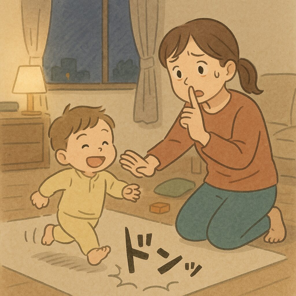 天井ドンにおびえるママと天真爛漫な子供があるく様子