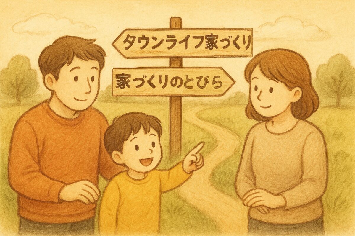 タウンライフ家づくりと家づくりのとびらで迷っている親子のイラスト 